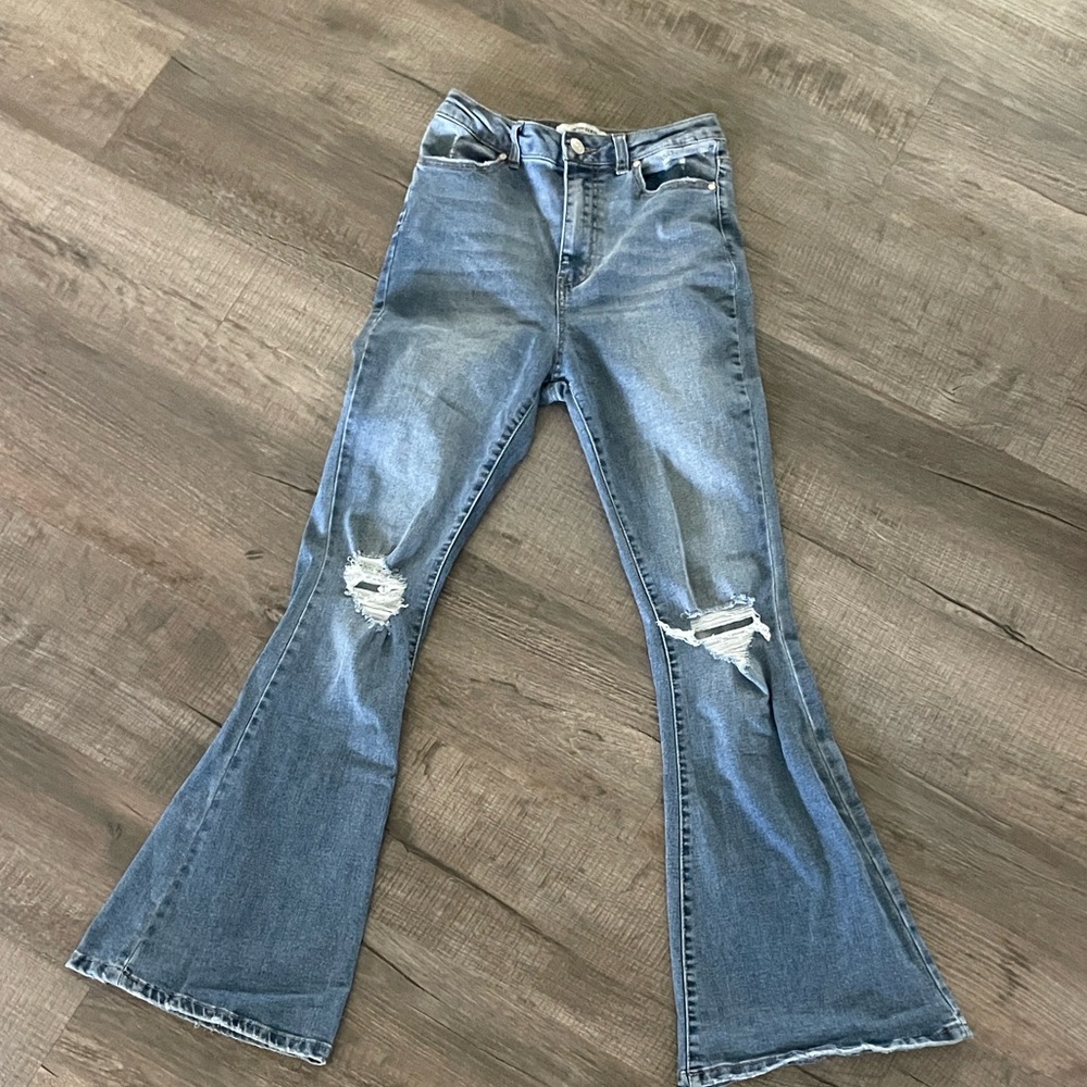 Refuge Blue Flare Jeans with Distressed Accents